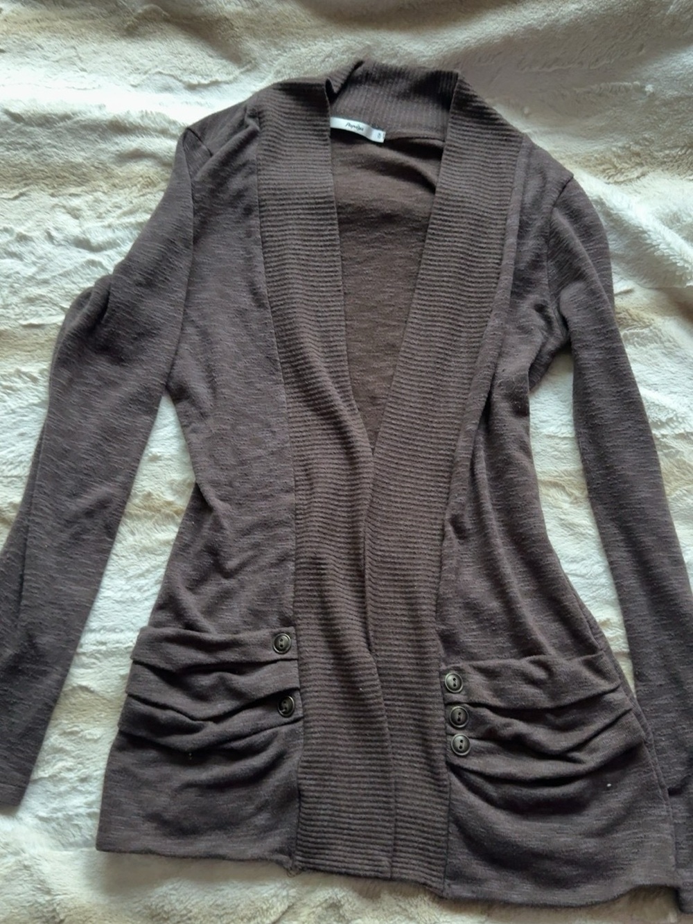 Chocolate Brown Open-Front Ruched Pocket Cardigan